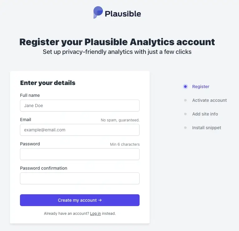 Page d'accueil de Plausible Analytics