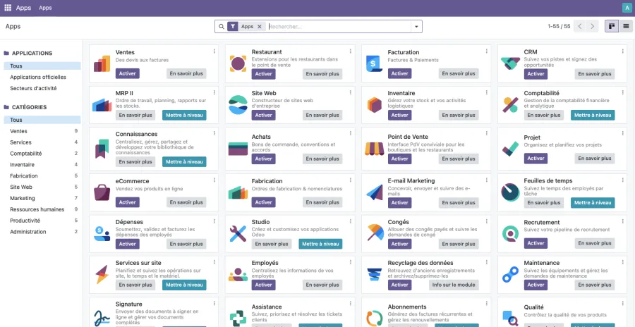 Liste des applications dans Odoo
