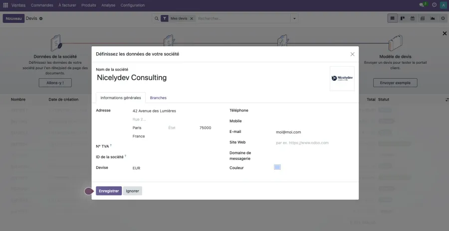 Enregistrer les données pour la société
