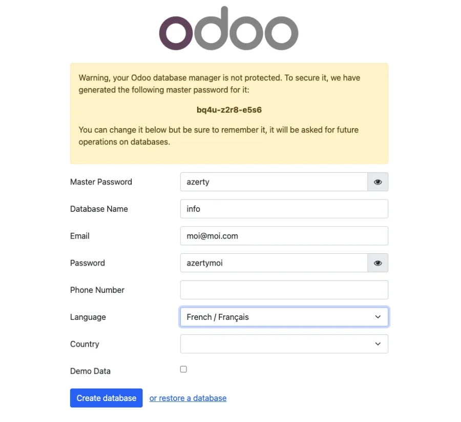 L'interface Odoo pour créer une base de données