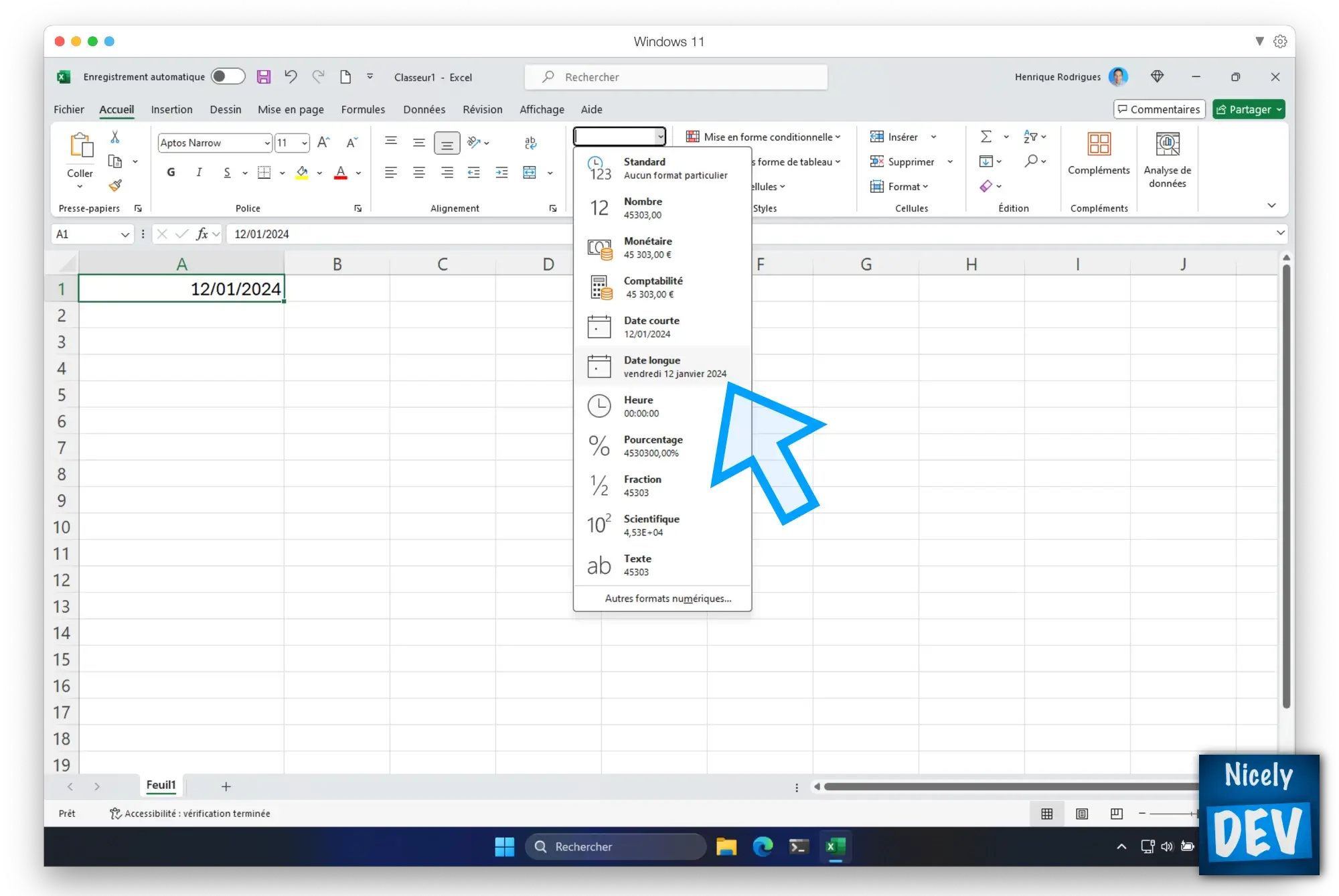 Format date longue dans Excel