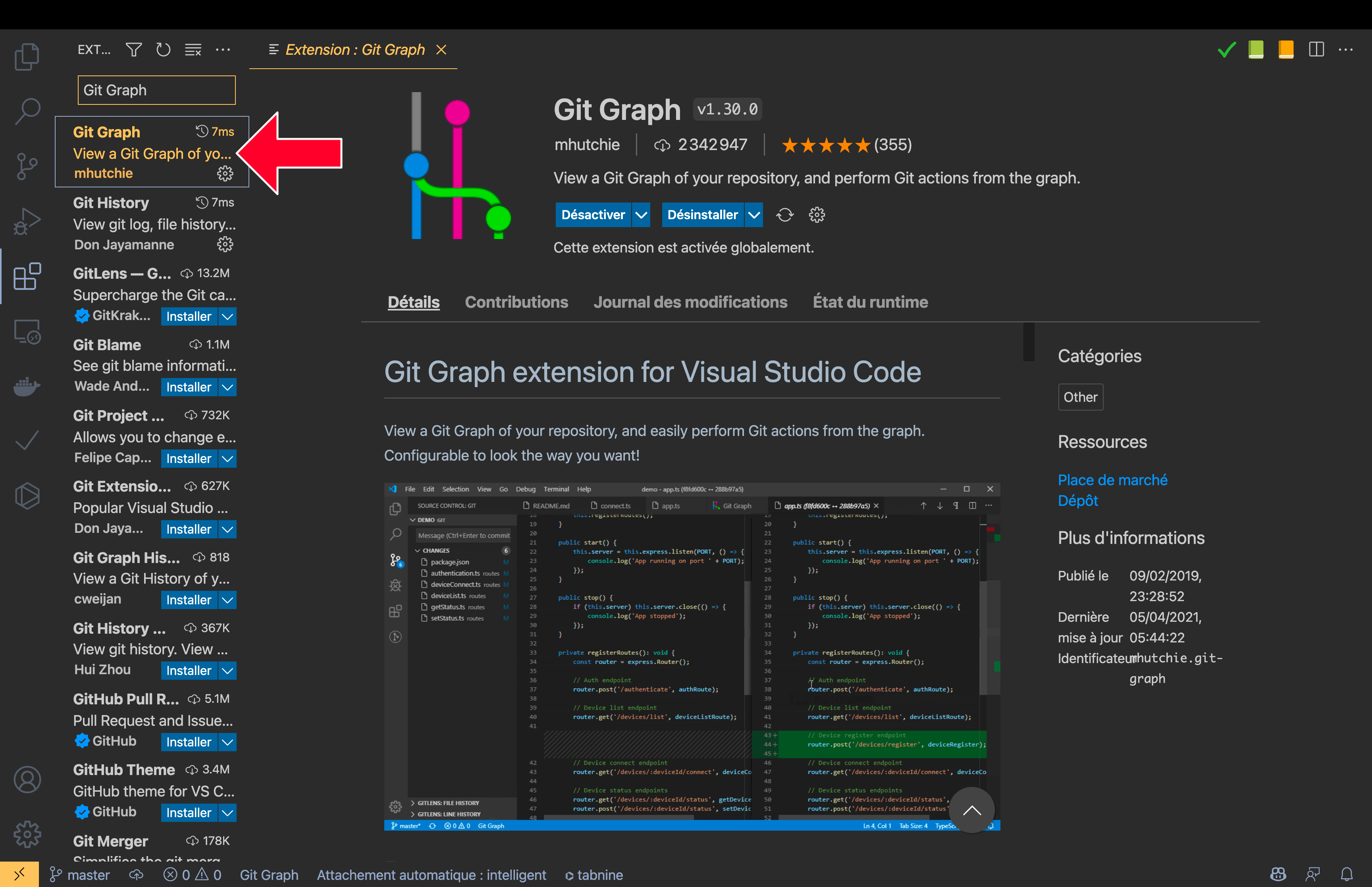 Installer l'extension Git Graph