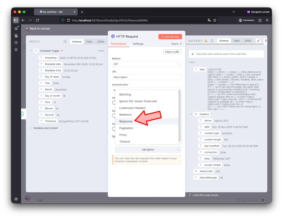 Les options dans le HTTP Request de n8n