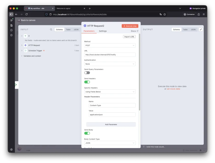 Première partie des paramètres pour la notification dans la branche false
