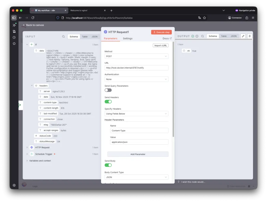 Première partie des paramètres pour la notification dans la branche true