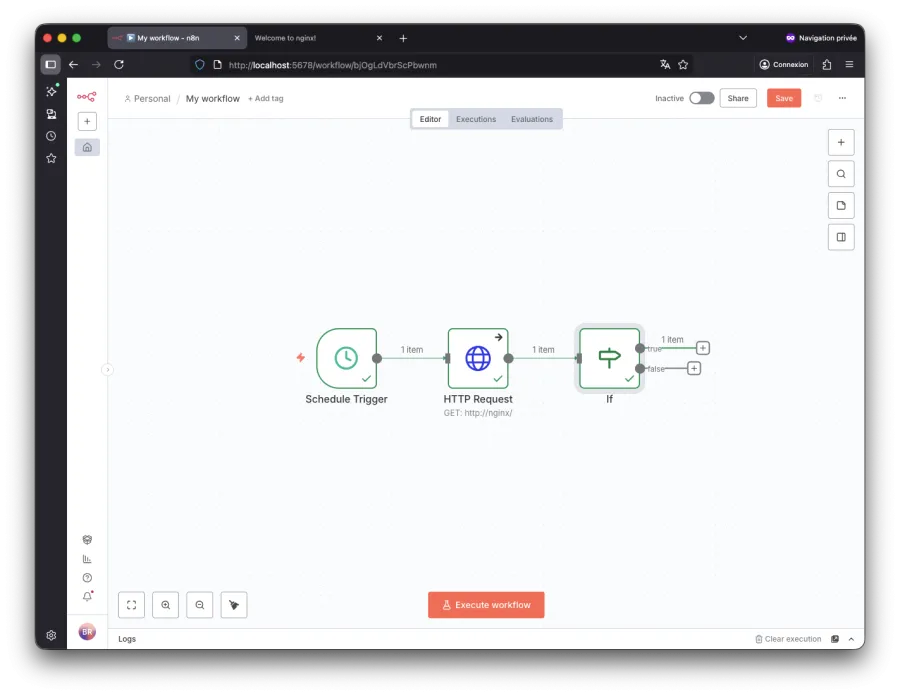 Workflow dans n8n : Schedule Trigger → HTTP Request → If