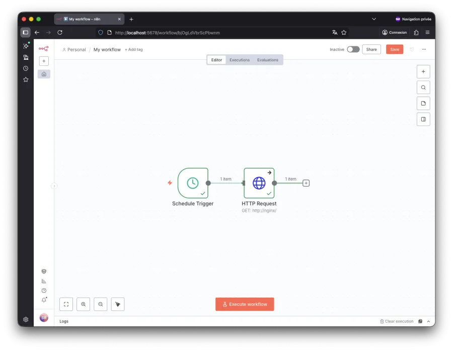 Workflow dans n8n : Schedule Trigger → HTTP Request