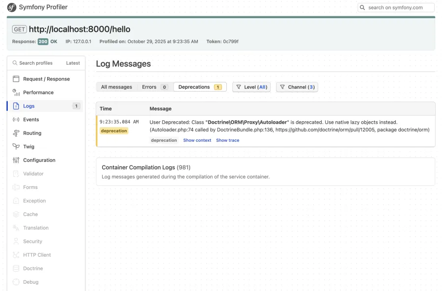 Les détails des logs grâce dans la barre Profiler