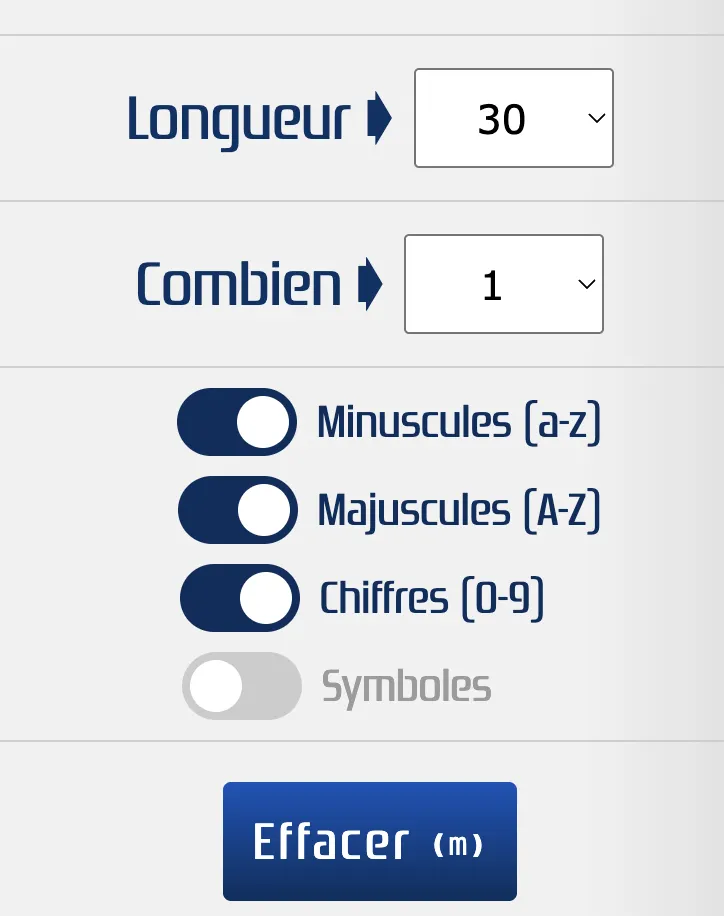 Les paramètres pour générer une chaine de caractères aléatoires grâce au site ma-calculatrice.fr